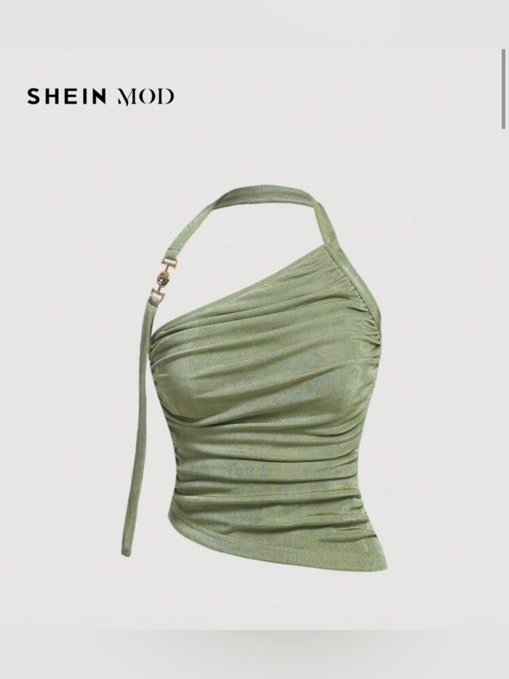 SHEIN Light Sage One-Shoulder Ruched Halter Crop Top